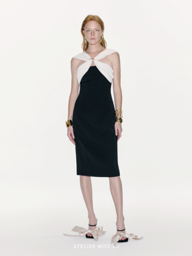 【格调派对】金属圆环拼接设计撞色修身连衣裙