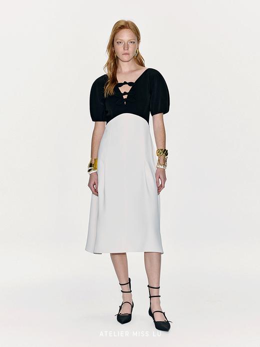 【塞纳旋律 】兔耳蝴蝶结弧型撞色拼接A字连衣裙 商品图0