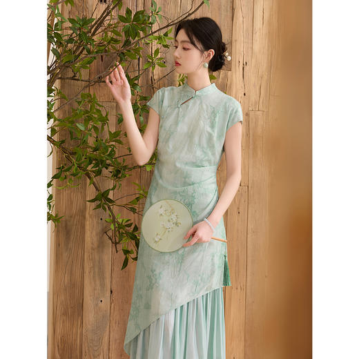 三彩【行云流水】2025春季新款新中式连衣裙旗袍假两件拼接长裙C 商品图2