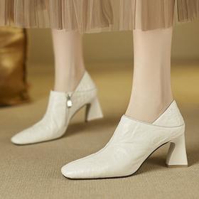 【预售5天】经典百搭羊皮粗跟深口真皮方头高跟鞋单鞋~显高又显瘦MBJR&6820