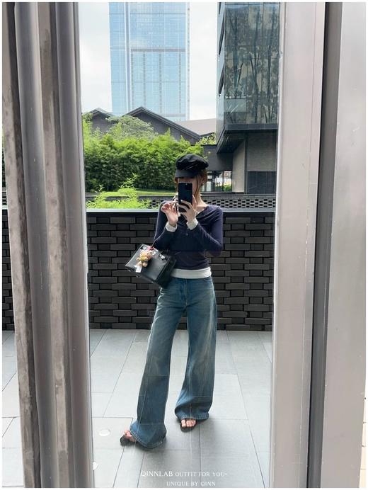 MM6线条阔腿牛仔裤 宽松休闲通勤微喇裤 商品图3