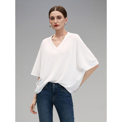 COCOBELLA简约微透视白色V领短袖T恤女夏蝙蝠袖针织衫TS7081 商品图3