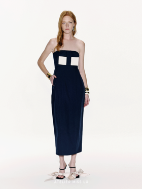 【深蓝水瓶】几何蝴蝶结撞色拼接收腰抹胸连衣裙