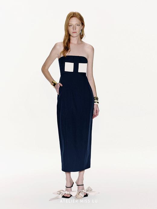 【深蓝水瓶】几何蝴蝶结撞色拼接收腰抹胸连衣裙 商品图0