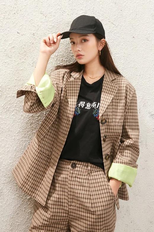 森宿 绿色格纹拼接外套长裤套装 11622 商品图4