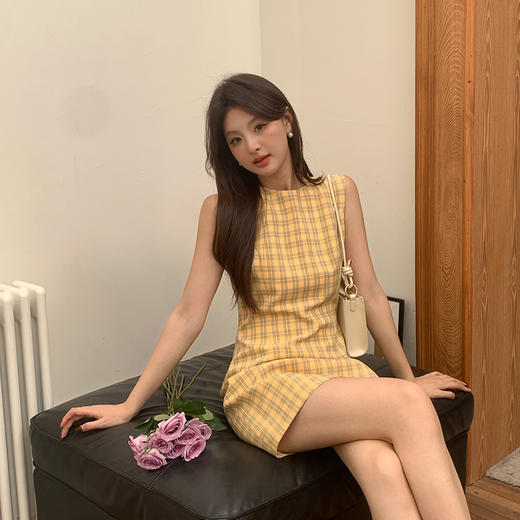 【奶油春日】多巴胺复古蓝黄格纹连衣裙女设计感短裙V0550196 商品图2