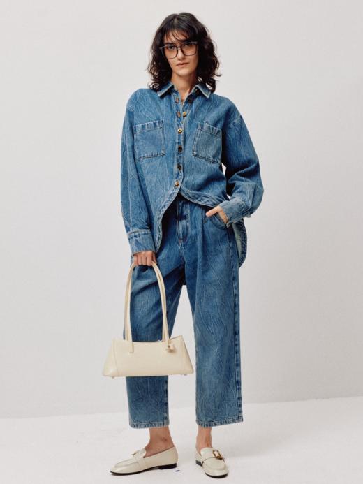 LIYIHAN漠野丨25春全棉牛仔衬衫弧形垂感刺绣弧形女上衣复古时尚 商品图0