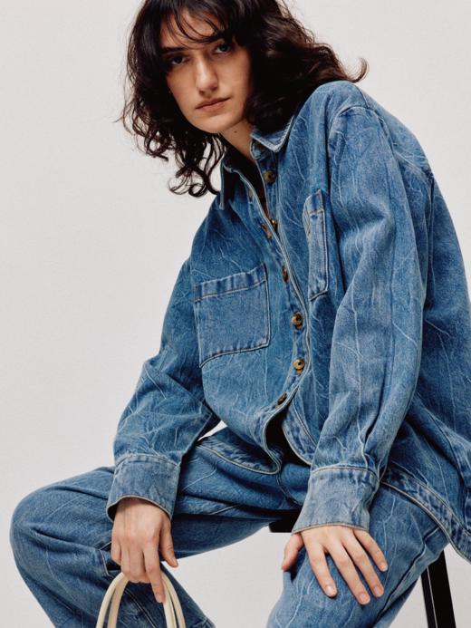 LIYIHAN漠野丨25春全棉牛仔衬衫弧形垂感刺绣弧形女上衣复古时尚 商品图1