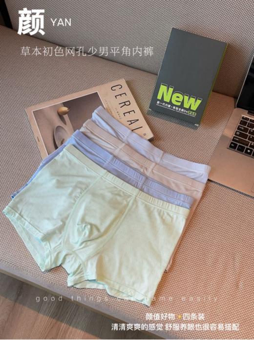 🏆【草本初色 网孔少男平角内裤4条装9532款 😲】 ✅九宫格网孔设计，高感透气，😉穿起来裸感舒适，双层网孔内裆设计，🉑透气不闷热，呵护肌肤； 商品图7