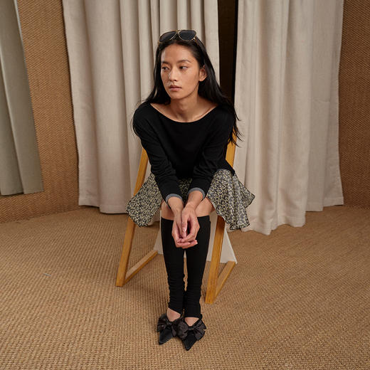 NUTH 斜领纽结撞色针织衫女假两件露肩长袖针织上衣 黑色 商品图5