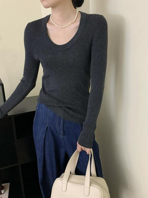 【YW】无忧购韩版纯色修身显瘦正肩鹅蛋领长袖百搭小衫867# 商品图10