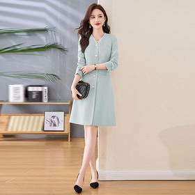 HR-LSNY2555春季新款长袖收腰气质时尚小香风中长款单排扣显瘦通勤连衣裙