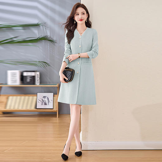 HR-LSNY2555春季新款长袖收腰气质时尚小香风中长款单排扣显瘦通勤连衣裙 商品图0