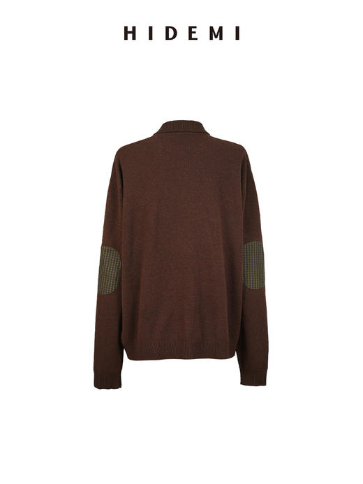 HIDEMI美利奴羊毛巧克力色拼接格纹设计感拼接纽扣圆领开衫毛衣 商品图7