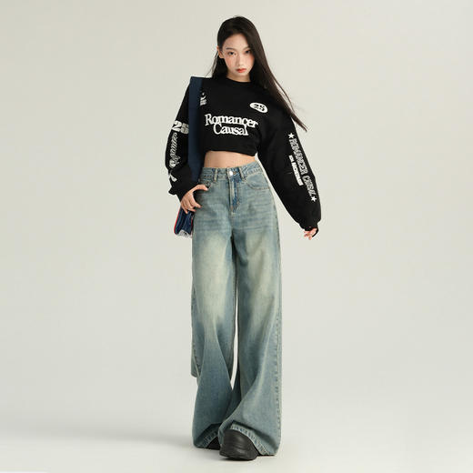 罗蒙春季女式牛仔裤女宽松显瘦休闲舒适百搭阔腿裤棉混纺水洗女长裤 商品图1