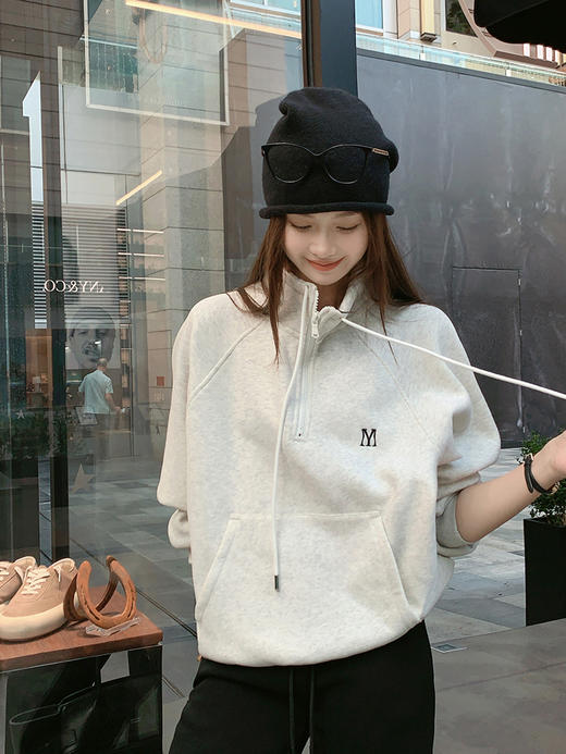 美洋同款【慢跑卫衣】  保暖厚绒宽松半拉链袋鼠兜插肩显瘦上衣 商品图0