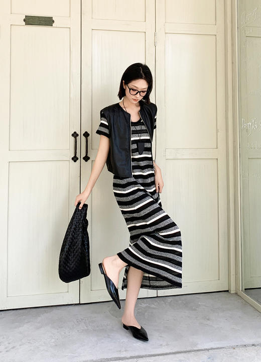 美洋同款【奥利奥针织裙】 三色条纹*针织提花短袖直筒裙 商品图3