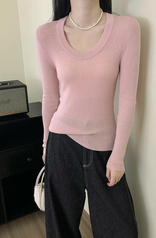 【YW】无忧购韩版纯色修身显瘦正肩鹅蛋领长袖百搭小衫867# 商品图1