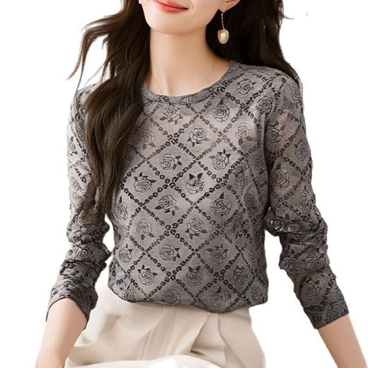 SMZ34269时尚印花网纱长袖T恤女士春季新款高级感百搭显瘦打底衫洋气上衣 商品图4