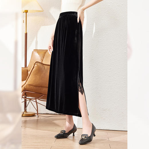 KQ-PZ09391真丝丝绒半身裙女2025春季新款韩版气质A字裙高腰显瘦开叉中长期 商品图2