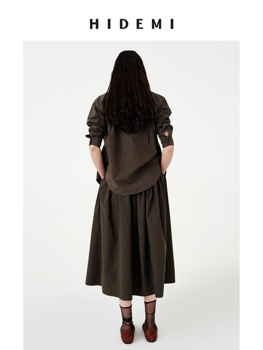 HIDEMI 进口色织格纹纽扣设计感褶皱半身长裙半身裙 商品图7