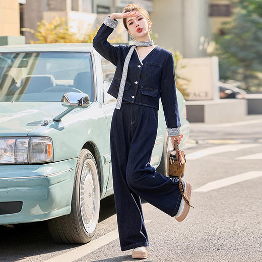 HR-EBDU951春季新款休闲套装女装牛仔V领开衫小众时尚阔腿裤两件套系带 商品图2