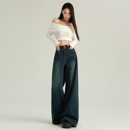 罗蒙春季牛仔裤女士宽松阔腿裤时尚潮流休闲个性牛仔裤女长裤 商品图2
