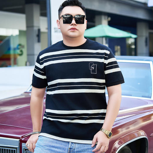 【纯棉】【DYG】大依优型大码男装短袖条纹t恤衫薄款宽松条纹男弹力短袖T恤胖子上衣 商品图0