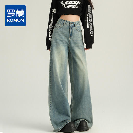 罗蒙春季女式牛仔裤女宽松显瘦休闲舒适百搭阔腿裤棉混纺水洗女长裤 商品图0