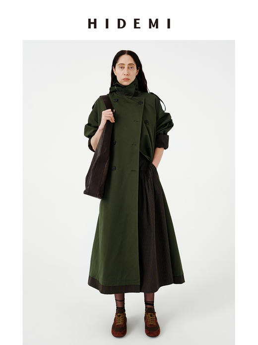 HIDEMI极简设计感色织格纹拼接斗篷式飞行员长款可拆卸腰带风衣女 商品图4