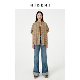 HIDEMI饼干色色织格纹小立领圆领廓形宽松衬衫
