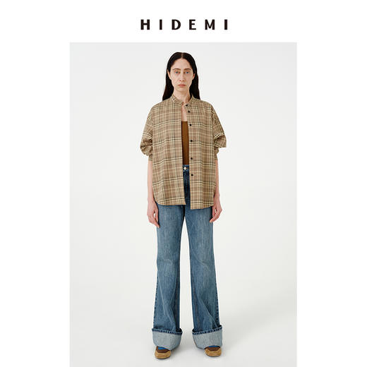 HIDEMI饼干色色织格纹小立领圆领廓形宽松衬衫 商品图0