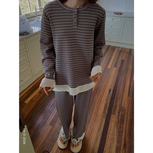 【华夫格宅宅衣】2025春新款睡衣女条纹华夫格蕾丝宅宅衣休闲套装家居服外穿 商品图1