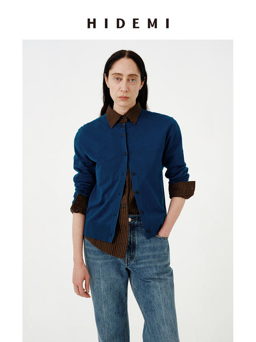 HIDEMI 进口美利奴羊毛宝石蓝极简圆领纽扣开衫毛衣 商品图4