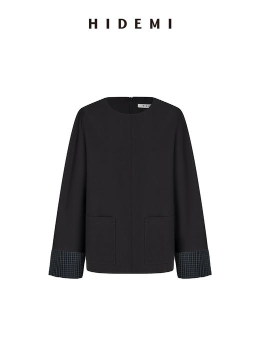 HIDEMI 黑色极简设计圆领翻边袖口拼接廓形大口袋休闲上衣套装 上衣/格纹卷边西裤 商品图5