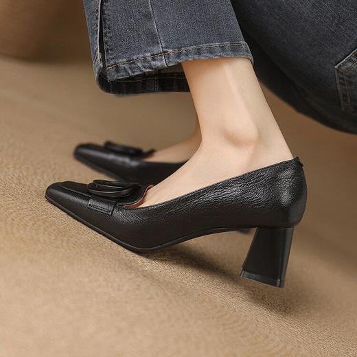 【预售5天】真皮金属扣浅口单鞋女新款法式复古百搭方头高跟小皮鞋SLLK&sl-7882 商品图4