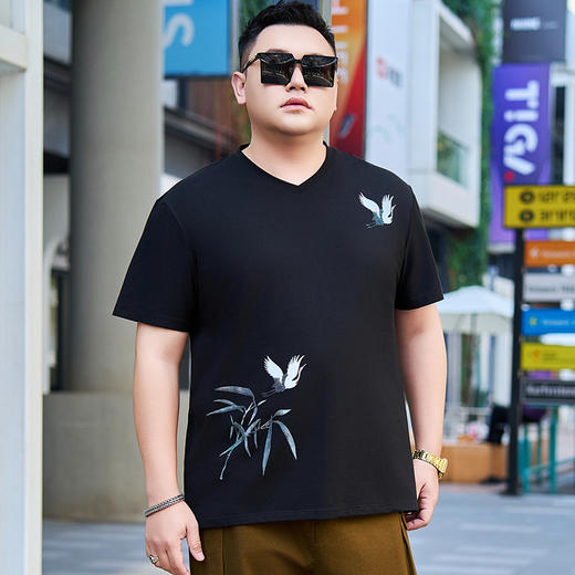 【纯棉】【DYG】大依优型大码男装V领短袖T恤纯棉中国风印花男薄款弹力短袖t恤胖子衫上衣 商品图0