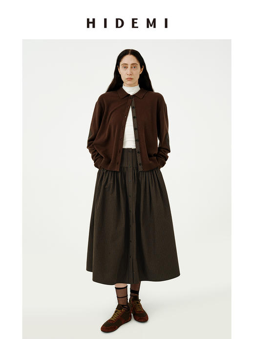 HIDEMI美利奴羊毛巧克力色拼接格纹设计感拼接纽扣圆领开衫毛衣 商品图2