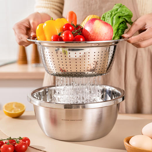 摩登主妇洗菜盆沥水篮304不锈钢盆新款水果篮淘米神器洗菜滤水篮 商品图0