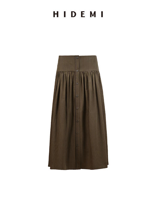HIDEMI 进口色织格纹纽扣设计感褶皱半身长裙半身裙 商品图8