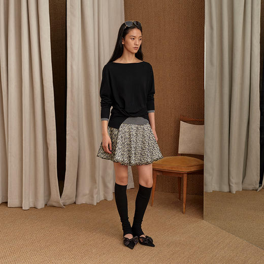 NUTH 斜领纽结撞色针织衫女假两件露肩长袖针织上衣 黑色 商品图1