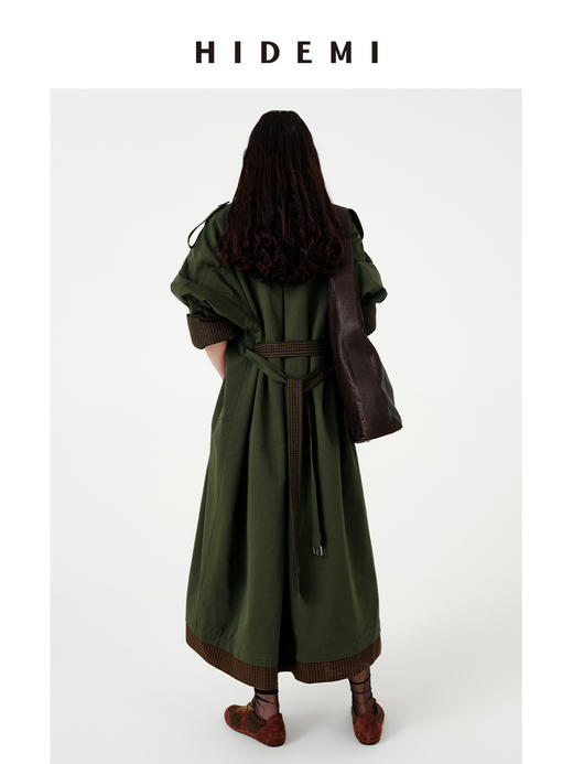 HIDEMI极简设计感色织格纹拼接斗篷式飞行员长款可拆卸腰带风衣女 商品图7