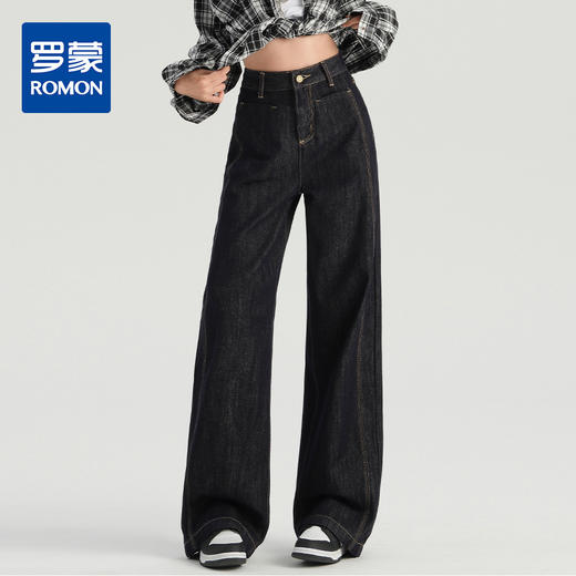 罗蒙春季女式牛仔裤高腰直筒宽松显瘦牛仔裤棉质水洗休闲百搭女长裤阔腿裤女 商品图0