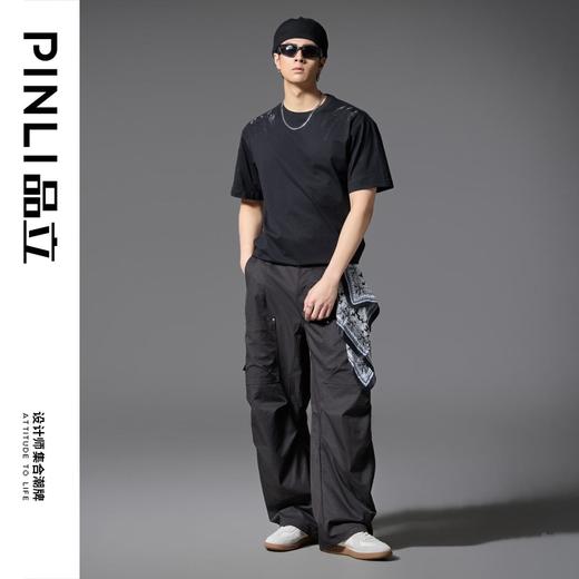 PINLI品立2025春夏新款男士圆领抓痕烫钻短袖T恤潮牌百搭半袖上衣BG252111010 商品图1
