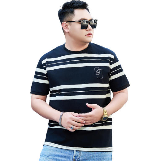 【纯棉】【DYG】大依优型大码男装短袖条纹t恤衫薄款宽松条纹男弹力短袖T恤胖子上衣 商品图4