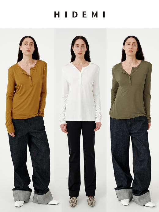 HIDEMI极简超柔软弹力圆领纽扣亨利领廓形长袖针织T恤 商品图2