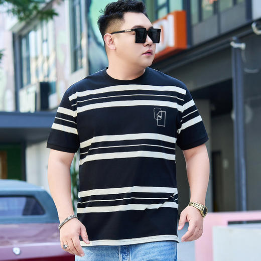 【纯棉】【DYG】大依优型大码男装短袖条纹t恤衫薄款宽松条纹男弹力短袖T恤胖子上衣 商品图5