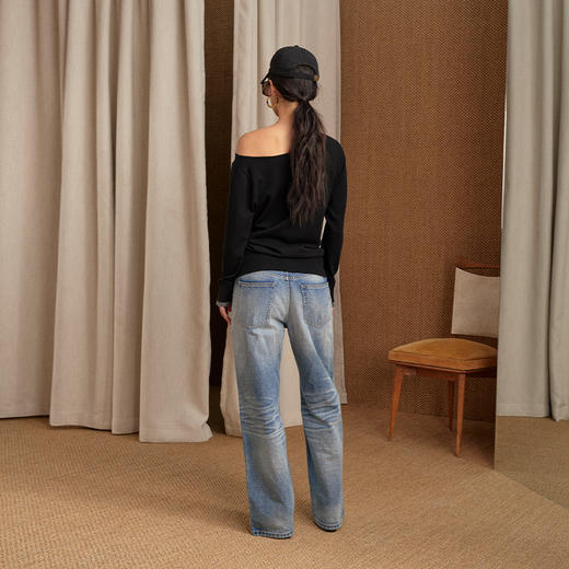 NUTH 斜领纽结撞色针织衫女假两件露肩长袖针织上衣 黑色 商品图3