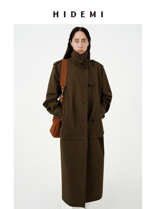HIDEMI【孟子义同款】复古色织格纹廓形设计感可拆卸下摆长款风衣 商品图6