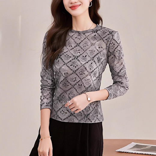 SMZ34269时尚印花网纱长袖T恤女士春季新款高级感百搭显瘦打底衫洋气上衣 商品图2
